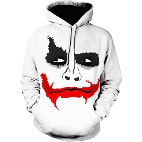Big mouth Movie Joker Hoodies 3D Print white clown Fashion Sweatshirt Brand mens Pullover Hip Hop Funny Oversized hoodie jacket