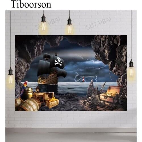 Pirate Ship Skull Island Child Birthday Photographic Backdrops Treasure Vast Sea Lightning Customized Photo Backgrounds Props