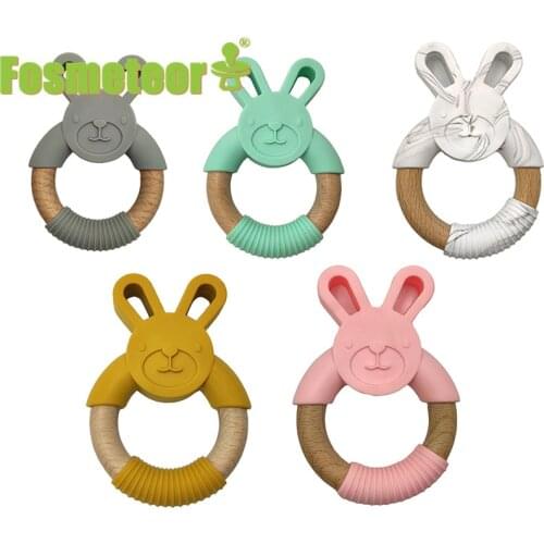 Fosmeteor 1 Piece Of Baby Teether Silicone Molar Animal Wood Bracelet Teether Rodent Beech Wood Baby Bunny Ring Baby Gift Item