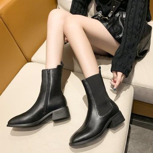 ICCLEK WOMENS SHOES 2021 WINTER FASHION BLACK BEIGE CHELSEA BOOTS SQUARE HEELS SHORT PLUSH - LINER HOT SALES COMFORTABLE WARM