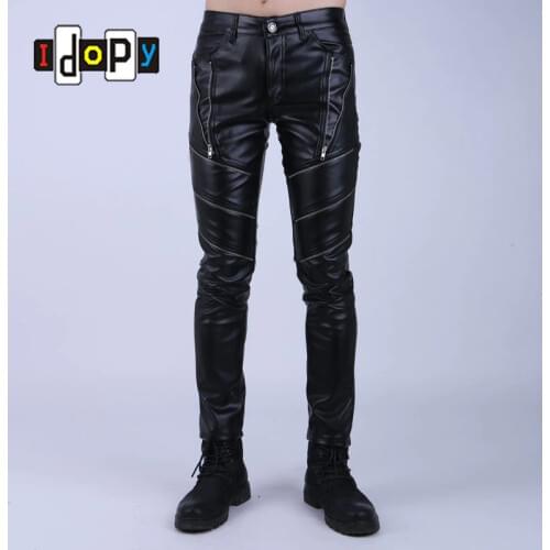 Idopy Fashion Night Club DJ Swag Skinny Party Faux Leather PU Tight Black Joggers Biker Pants For Men Boys With Zippers