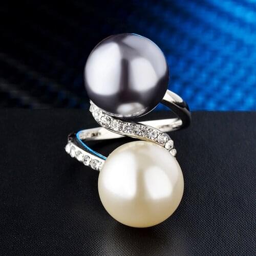 KIOOZOL 2021 New Arrival Boho Vintage Grey Silver Color White Double Pearl White Gold Plated Ring For Women Hot Jewelry 075 KO2