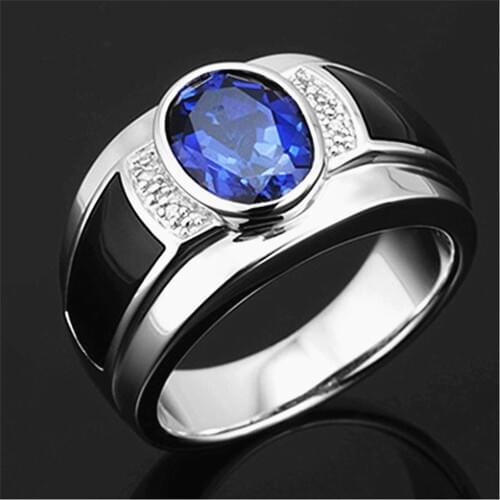Fashion sapphire gemstones blue crystal black agate zircon diamonds rings for men white gold silver color jewelry party bague