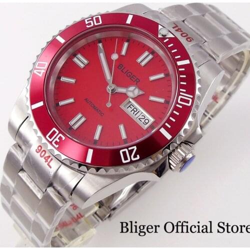 BLIGER Red Dress Genuine NH36A Movement 40mm Mechanical Men Watch Oyster Band Calendar Date Window Sapphire Crystal Luminous