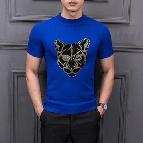 High-Quality Fine Wool Knitting Outfit Tiger Head Crystal Diamond Male Short Sleeve Mens Fashion Pullover Perfect Soft Sweater