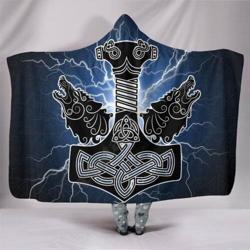 Viking Hooded Blanket Thors Hammer Mjollnir Blanket Adult colorful child Sherpa Fleece Wearable Blanket Microfiber Bedding