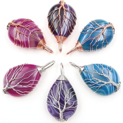 Rose Gold Color Tree of Life Wire Wrap Water Drop Necklace & Pendant Reiki Natural Gem Stone Purple Blue Veins Onyx Jewelry Gift