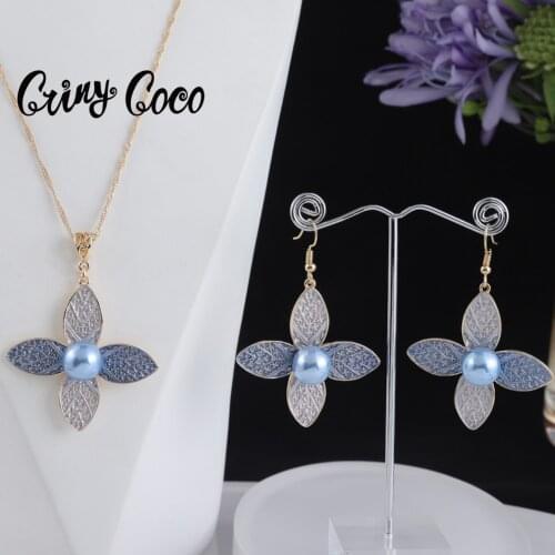 Cring Coco Colorful Enamel Flower Earrings and Necklaces Hawaiian Beach Chain Jewelry Pearl Necklace Sets for Women 2021 Party