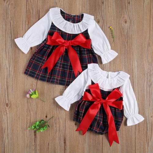 Merry Christmas Little Sister Matching Outfits Party Princess Bowknot Doll Collar Long Sleeve Toddler Infant Girl Bodysuit Dress