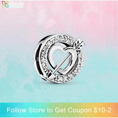 Smuxin 925 Sterling Silver Beads Asymmetrical Heart & Arrow Clip Charm fit Original Pandora Bracelets Women Jewelry Making