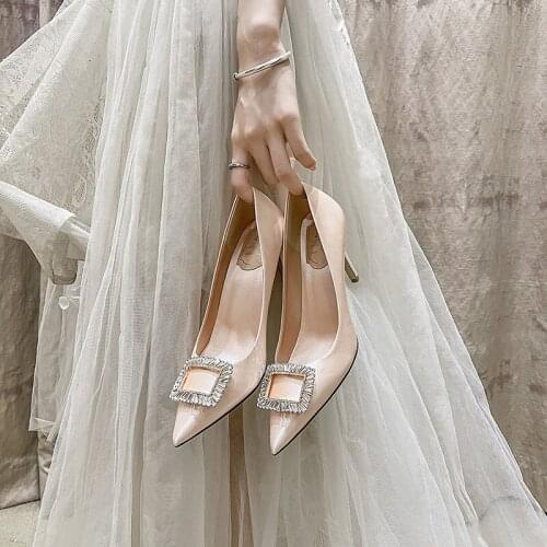 Spring satin pointed stiletto high heel bridal wedding shoes rhinestone party dress large size small size womens single shoes