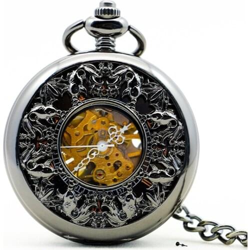 Vintage Exquisite Carving Automatic Mechanical Pocket Watch Chain Women Fob Watches Fashion Retro Copper Hollow Clock