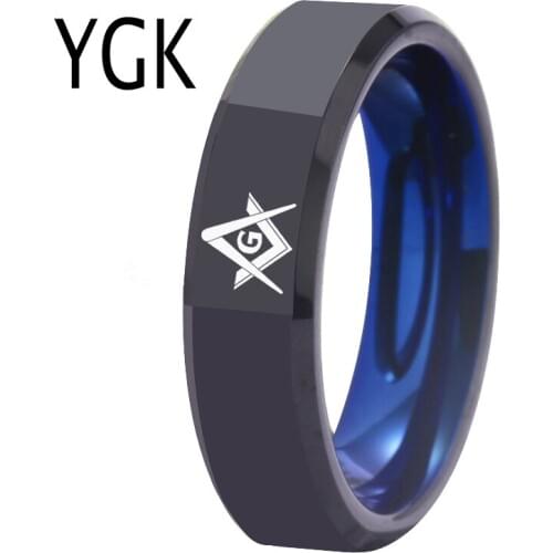 YGK Wedding Jewelry For Lovers 4MM/6MM wide Mens Black With Blue Tungsten Ring Masonic Band Mason Jewelry Free Engraved