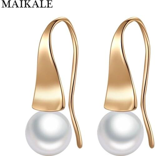 MAIKALE Trendy Triangle Shape Glossy Stud Earrings With Pearl Fine Jewelry Rose Gold Korean Earrings For Women Exquisite Jewelry