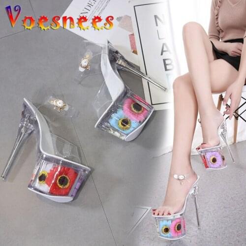 2019 Women Slippers Summer Sun Flower Sexy Crystal Slippers Thin Heels 17cm Transparent Sandals Cool Size 34-43 Wedding Shoes