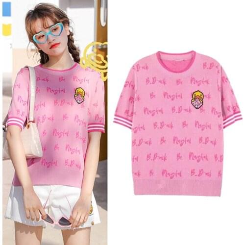 Womens Spring/Summer Knitted Tops Cartoon Embroidered Knitted Female Letters Pink Pullover Cute Kawaii T-shirt Top NS576