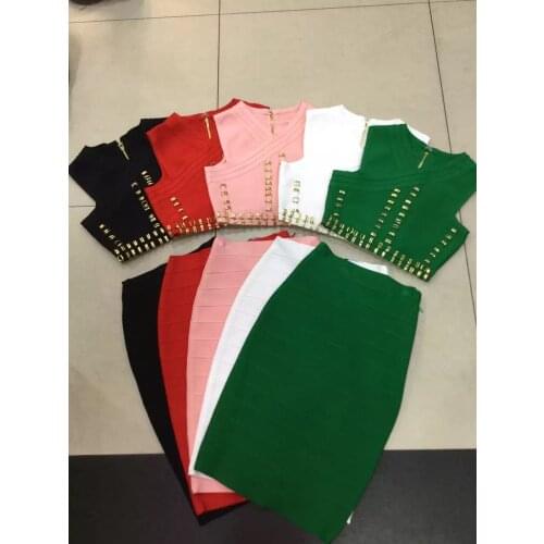 High quality studded two 2 piece bandage dress 2016 new dress nude blush pink black green dress vestidos