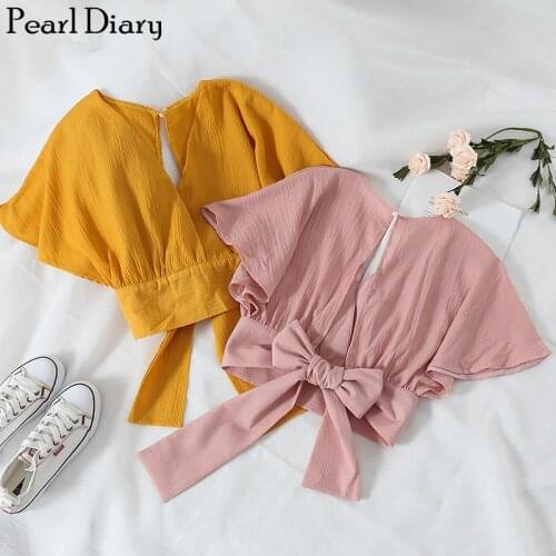 Pearl Diary Women Blouse Crop Top Summer Open Back Bow Tied Back Top Cross Front Cotton Blouse Ruffle Sleeve Korean Style Top