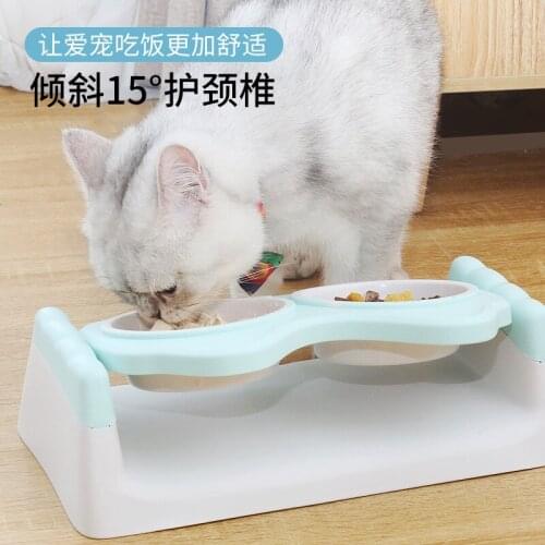 Pet double bowl, suitable for cats and dogs, protect the cervical spine, prevent dumping, pet keeping water bowl, pet supplies