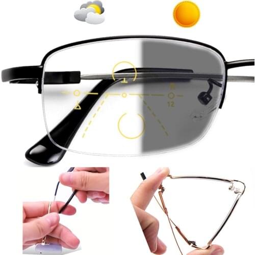 Flexible Photochromic Reading Glasses Progressive Anti-Blue Rays Multifocal Glasses UV Protection Unbreakable Tr90 Gold/Black