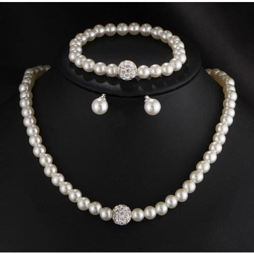 New Fashion Classic Imitation Pearl Necklace Earring Set Clear Crystal Elegant Party Gift Women Wedding Pearl Jewelry Sets CT115
