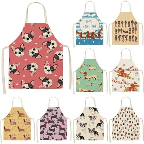 Bulldog Dachshund Printed Kitchen Chef Apron for Woman Sleeveless Cotton Linen Bib 55x68cm Home Cooking Baking Cleaning Tool