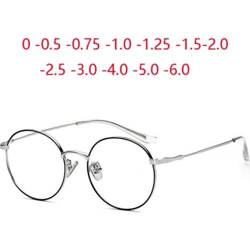 Metal Anti-blue Light Round Prescription Spectacle Women Men Aspherical Lens Myopes Lunettes 0 -0.5 -0.75 -1.0 To -6.0