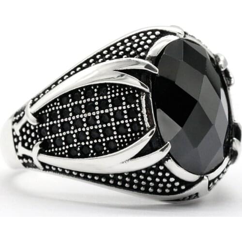 Islamic Ring for Men with Black CZ Stone 925 Sterling Silver Vintage Religious Turkish Swords Male Ring Silver Fine Jewelry Gift