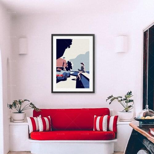 Canvas Print Home Decor Lady and her Car gift, illustrations, poster, car print, birthday, wall Poster print