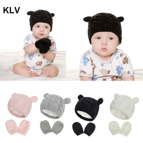 2Pcs/Set Baby Hat and Mittens Set Kids Knitted Cotton Beanie Cap Winter Warm Boys Girls Double Pompom Hats Gloves 0-18 Month