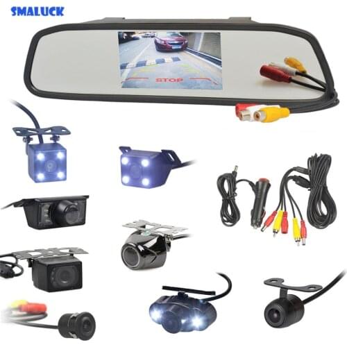 SMALUCK 4.3" Car Rearview Mirror Monitor Auto Parking Vedio + Backup Reverse Camera HD Car Rear View Camera free Car Charger