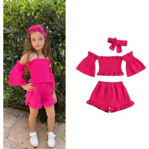 Girls Off Shoulder Tops Pants and Headband Outfits Summer Child Kids Half Sleeve Solid Tops and Short Pants Casual Clothing Sets