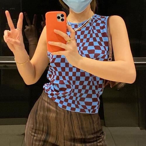 Plaid Print Contrast Color Slim O-Neck Wool Knit Vest Womens Summer Blue Short Sexy Vest Retro Club Sleeveless T-Shirt 2021 New