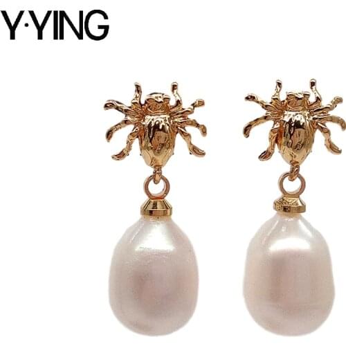 Y·YING Cultured White Rice Pearl Gold color Plated Spider Stud Earrings for owmen
