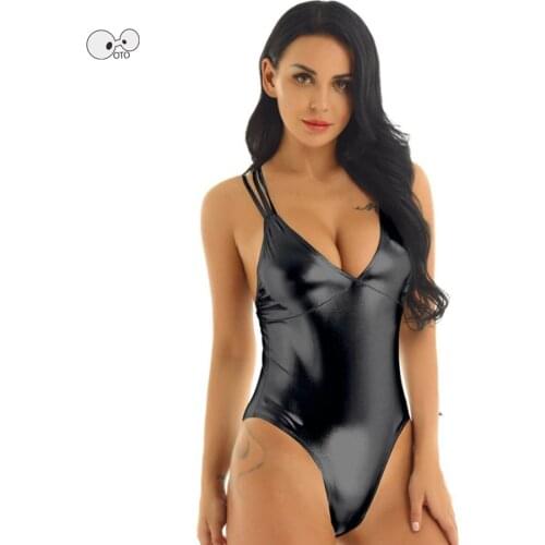 Womens Shiny One Piece Swimwear Thong Bodysuit Exotic Clubwear Costumes Lingerie String Halter Bathing Suit Beach Wear Swimsuit