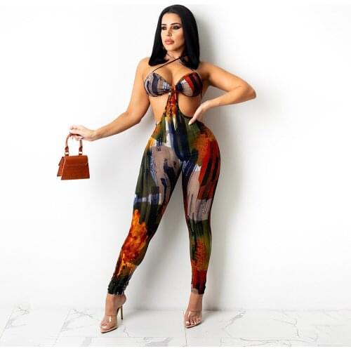 2021 Best Quality Famous Brand Jumpsuits Print Halter Strapless Backless Summer Sexy Club Bodycon Rompers