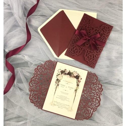 1pcs Burgundy Invitation Card Invitation Cards Wedding marriage Quinceanera Envelope Glitter belt ,band Ribbon birthday party