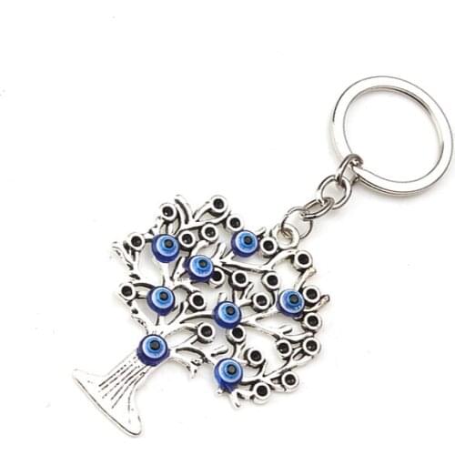 1pc Blue Evil Eye Beads Tree Charm Keychain Rhodium Plated Metal Pendent Key chain Luck Car Keychain For Men Women