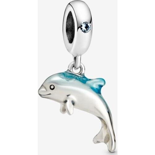 2020 New 925 Sterling Silver Blue Shimmering Dolphin Dangle Charm Fit pandora Bracelet Necklace Dolphin Pendant DIY Jewelry