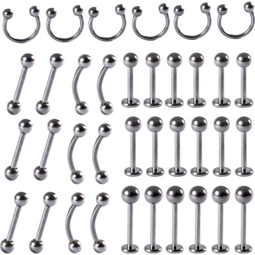 30PCS G23 Solid Titanium Labret Lip Ring Ear Tragus Cartilage Ring Horseshoe Barbell Eyebrow Ring Titanium Piercing Jewelry