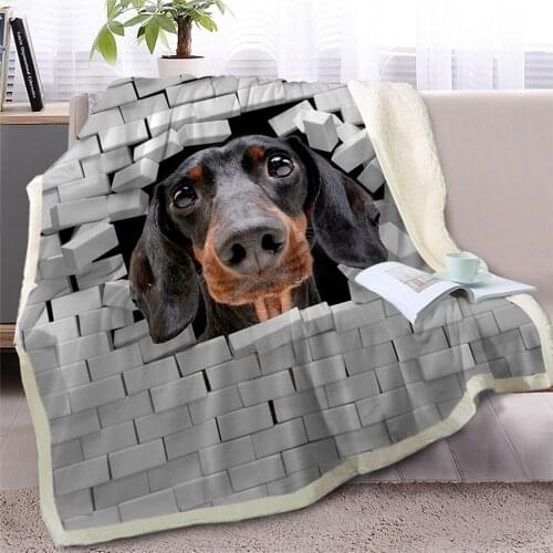 3D Dachshund Throw Blanket on Bed Animal Dog Plush Sherpa Blanket Bulldog Bedspread Cracked Bricks Wall Thin Quilt