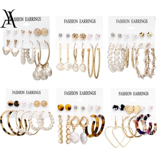 Bohemian Mixed Round Knot Heart Irregular Simulation Pearl Earrings Set Fashion Geometric Acrylic Tortoise Shell Drop Earrings