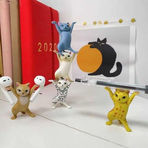 Cat Pen Holder Black Cat Figurines Home Decor Kids Funny Cat Pen Earphone Holder Kid Adult Doll Toy Gift Weightlifting Pen Stand