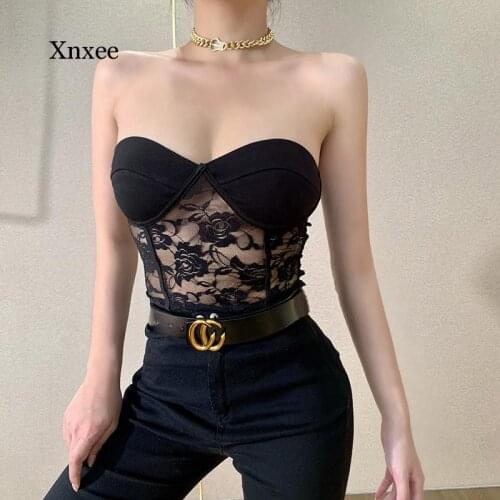 2000S Aesthetics Patchwork Corset Tops Y2K Fashion Cute Strapless Pink Lace Crop Tops Kawaii Streetwear Summer Tank 2021 Clothes