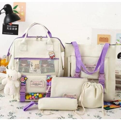 New Preppy Style 5Pcs/Set Canvas Women Backpacks School Bags for Teenage Girls 2021 Cute Bookbags Student Travel Laptop Backpack