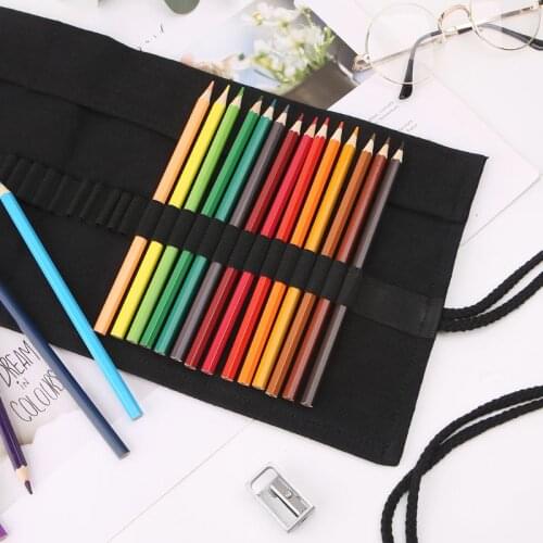 Black Color School Pencil Case Roller 12/24/36/48/72 Holes Canvas Roll Up Makeup Canvas Pen Bag For Girls Boys Stationery R66C