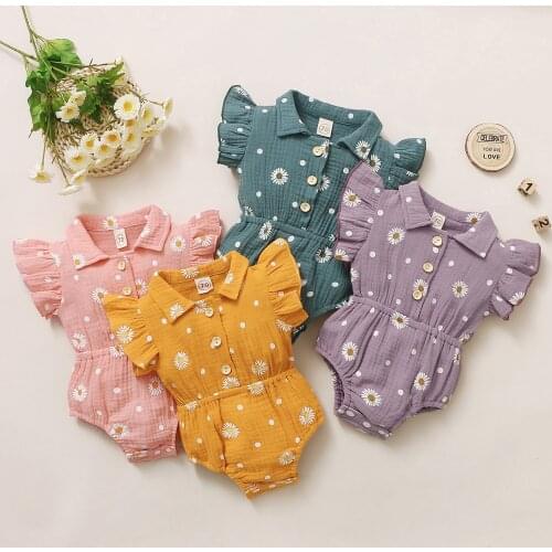 FOCUSNORM 4 Colors Summer Lovely Baby Girls Rompers Sunflowers Print Ruffles Fly Sleeve Turn Down Collar Jumpsuits