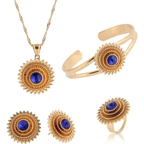 Bangrui Ethiopian Pendant Necklace/Bangle/Earrings/Ring set Jewelry Gold African Eritrea Bridal Wedding Women/Girl