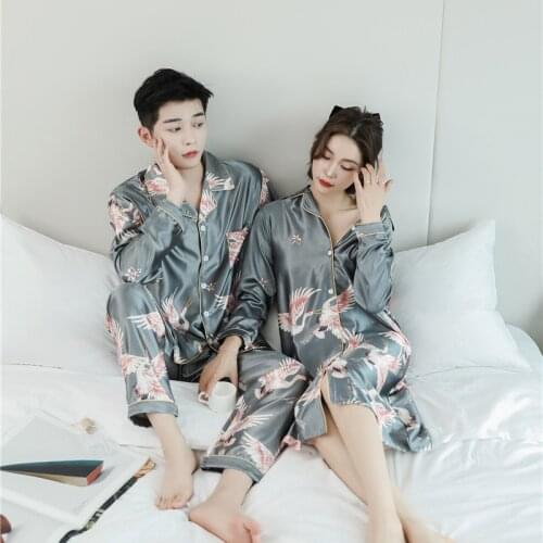 Spring Autumn New Couple Faux Silk Sleepwear Men Loose 2PC Pajama Sets Crane Print Nightwear M-4XL Pyjama Lounge Women Nightgown