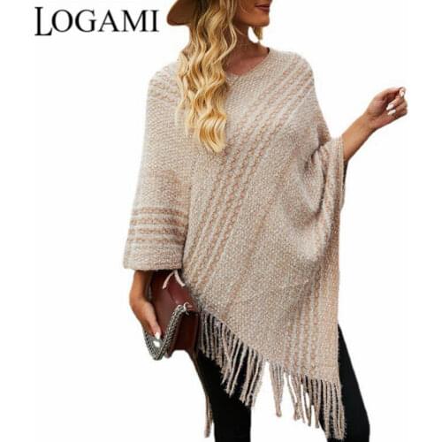 LOGAMI 2021 Autumn and Winter New Striped Cape Shawl Fringed Knitwear Women Ponchos and Capes